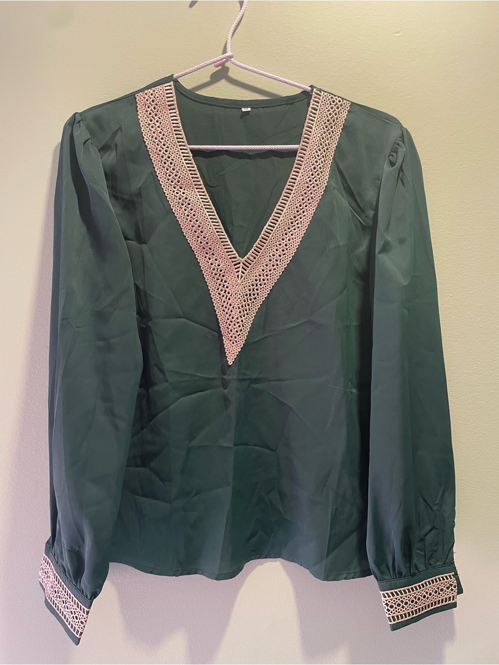 SHEIN Dark Green V-Neck Long Sleeve Blouse with Cream Lace Trim